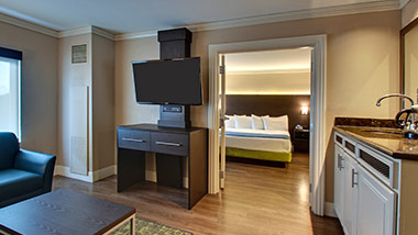 hotel suite with tv, wet bar, bedroom