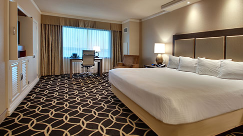 hotel room with king bed, office desk, and tv