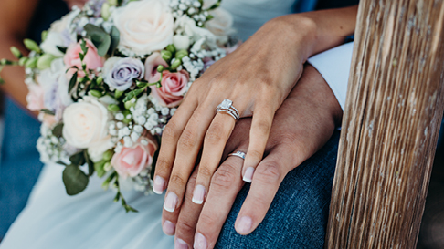 Wedding rings and bouquet of flowers