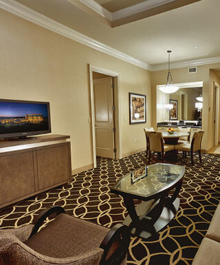 The main room of the Rodeo 2 Bay hotel suite at Hollywood Casino St. Louis hotel in Missouri.