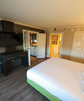 The double bed inside the Sunset 2Bay Suite at Hollywood Casino hotel in St. Louis, Missouri.