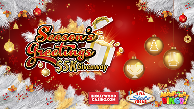 Red holiday background with ornaments and white wreath, says "Season's Greetings $5K Giveaway, Hollywoodcasino.com logo and an enter now button"
